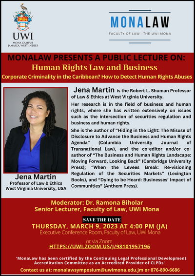 A flyer promoting Professor Jena Martin's lecture at MonaLaw